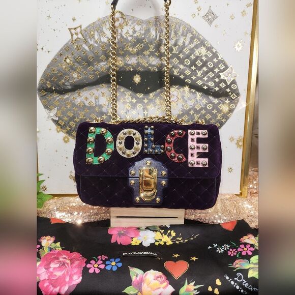 NWOT Dolce&Gabbana Lucia Studded Mixed-Media Velvet Shoulder Bag W/ Dust Bag - Picture 8 of 16